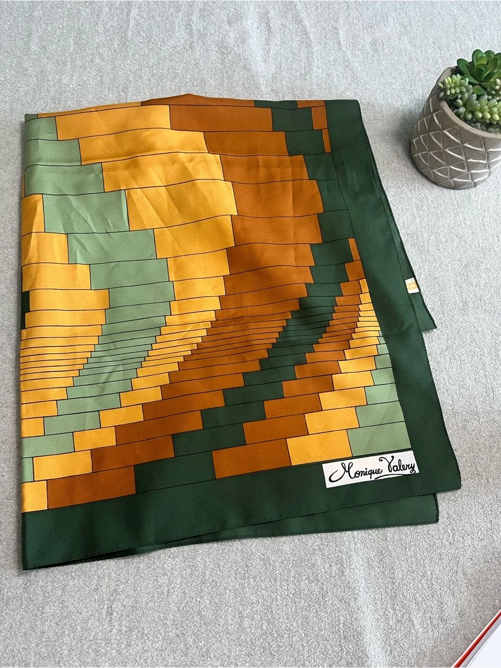 Monique Valery Green & Mustard Geometric Silk Scarf